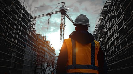 Aufkleber - A lone worker stands in the shadow of a towering tower crane at site. Generative AI.