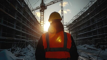 Aufkleber - A lone worker stands in the shadow of a towering tower crane at site. Generative AI.