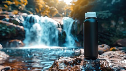 Poster - An eco-friendly travel water bottle standing on a rock with a waterfall in the background. Generative AI.