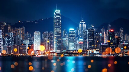 Aufkleber - A city skyline at night with a bright light shining on the water