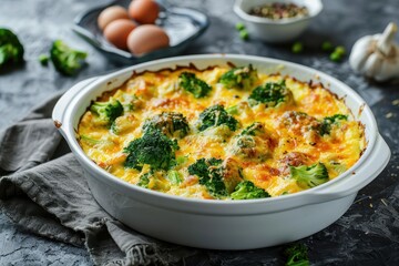 Poster - Broccoli egg and cheese casserole on concrete with space for text