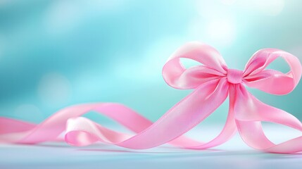 Poster - Pink Ribbon Bow on a Light Blue Background.