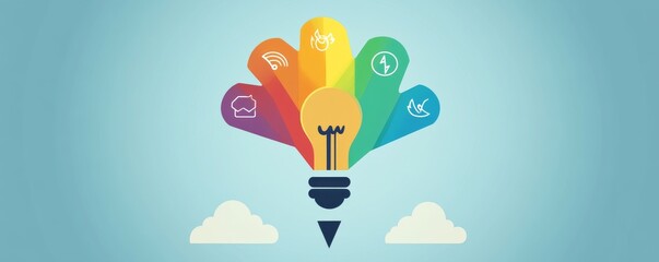Poster - colorful lightbulb with arrows and icons representing innovation and progress