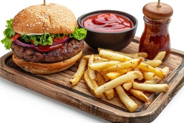 Canvas Print - Burger with fries ketchup mayo on wooden tray