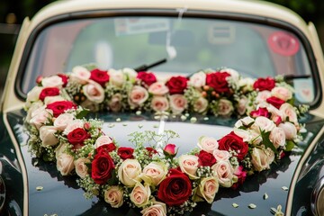 Car decorated for wedding with flower hearts