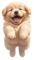 Adorable golden retriever puppy jumping joyfully with a big smile, capturing the essence of happiness and playfulness.