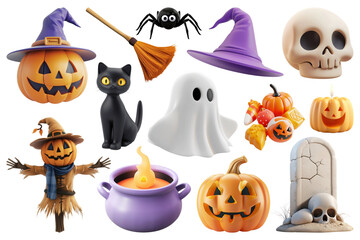 png 3d halloween element set, transparent background