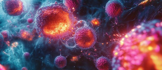 Wall Mural - High-Resolution 3D Illustration of Glowing Cells in a Microscopic Environment with Vivid Colors and Detailed Structures