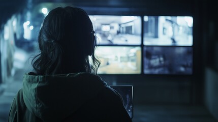 Poster - Person monitoring security cameras in a dimly lit control room during nighttime