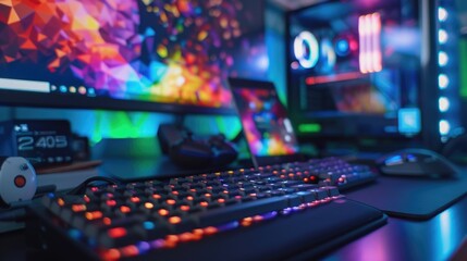 Poster - A modern office setup with two computer monitors and a keyboard, ideal for multitasking or productivity