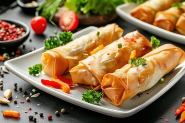 Poster - Chicken and vegetable spring rolls on white plate in studio photo