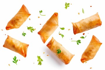 Chinese spring rolls floating on white background Fried traditional Ramadan food