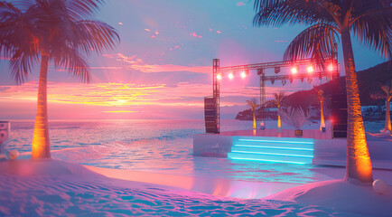 Poster - Colorful seaside art festival, a stage on the beach, with palm trees and spotlights next to it. Generative AI.