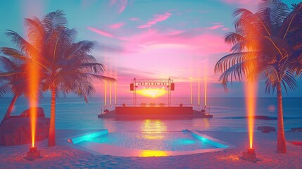 Poster - Colorful seaside art festival, a stage on the beach, with palm trees and spotlights next to it. Generative AI.