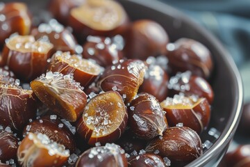 Wall Mural - Chinese street snacks including sweet chestnuts Close up view of peeled chestnut