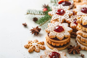 Sticker - Christmas Linzer cookies with jam on white background