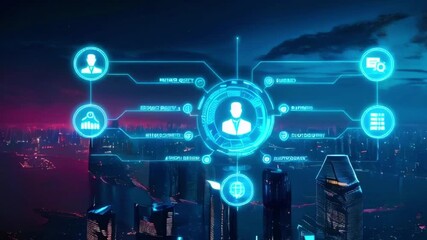 Poster - Futuristic city skyline with blue glowing digital interface and icons representing data, network, technology, security, and privacy.