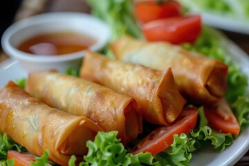 Sticker - Classic Chinese spring rolls served with salad and tomato in dish a traditional dish in Asia