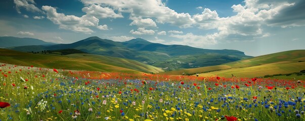 Canvas Print - Rolling hills covered in vibrant wildflowers, 4K hyperrealistic photo