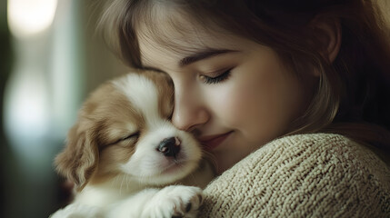 Sticker - A young woman cradles a small, fluffy puppy in her arms, eyes closed as she embraces the new pet. The scene is shot indoors, with soft natural lighting