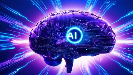 Wall Mural - A glowing blue AI symbol sits in the center of a metallic brain, surrounded by swirling blue and purple lines of energy.