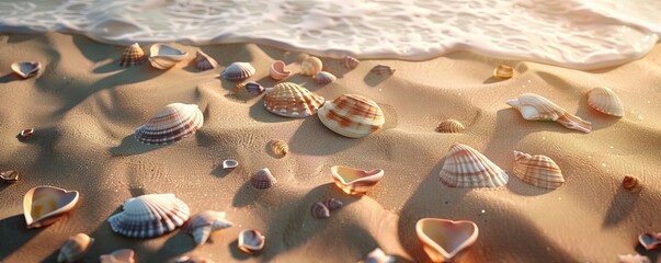 Wall Mural - Golden sand beach with seashells, 4K hyperrealistic photo