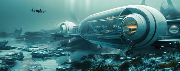 Wall Mural - Futuristic marine research center with underwater drones, 4K hyperrealistic photo