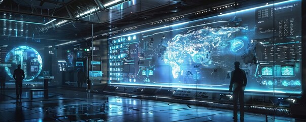 Poster - futuristic communication hub with holographic calls, 4k hyperrealistic photo