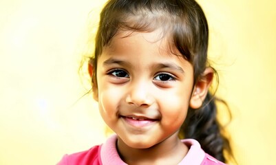 Wall Mural - Portrait of a cute little girl smiling against a yellow background.