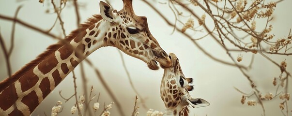 Wall Mural - Elegant giraffe stretching its neck to reach high branches, 4K hyperrealistic photo