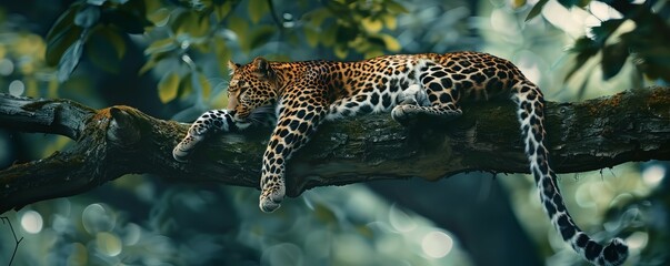 Wall Mural - Agile leopard resting on a tree branch, camouflaged in its surroundings, 4K hyperrealistic photo