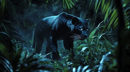 Photorealistic image of a sleek panther stealthily moving through a tropical jungle at night, with moonlight filtering through the canopy