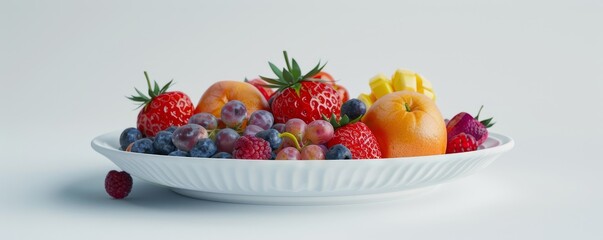 White porcelain dish with fruit on white background, 4K hyperrealistic photo