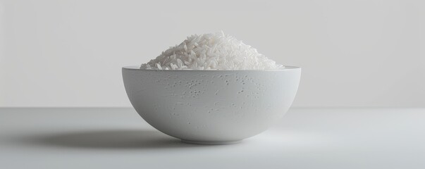 White ceramic bowl with rice on white background, 4K hyperrealistic photo