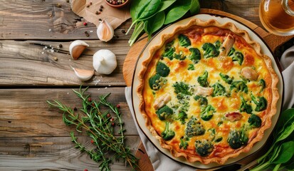 Sticker - Classic French Quiche with cheese vegetables and chicken Lorraine Quiche French food Overhead shot Wooden backdrop