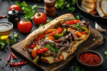 Canvas Print - Classic philly cheese steak with bell pepper on dark backdrop