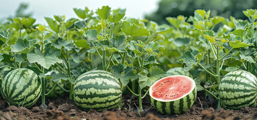 Wall Mural - A watermelon plant bearing fruit in the plot. Generative AI.