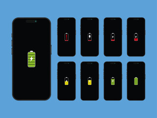 Poster - Smartphone Batteries and Charging status on screen Illustration - Vector Icons for Mobile Devices, Battery Levels, Run out of battery and Charging. Vector.