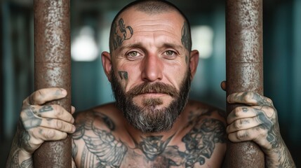 Wall Mural - Portrait of a tattooed, bearded man holding onto rusty iron bars, looking directly at the camera.