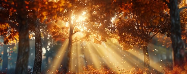 Wall Mural - Sunlight filtering through autumn trees, 4K hyperrealistic photo