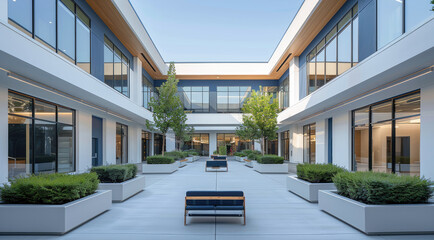 Wall Mural - A modern minimalist assisted living building courtyard, whites and dark navy blue, natural lighting. Generative AI.