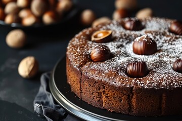 Canvas Print - Close up of a chestnut cake on black