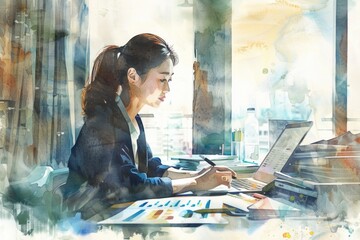 Poster - A person sitting at a desk using a laptop, suitable for office or workspace illustration