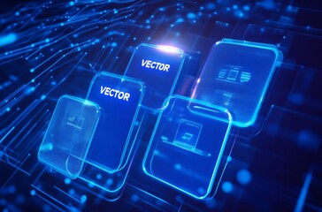 Poster - Futuristic digital interface with glowing blue rectangles and technological elements