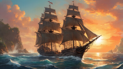 Wall Mural - ship at sunset, ai generated