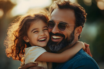 Sticker - happy father hugging to his daughter and laughing