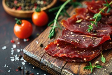 Canvas Print - Close up of sliced beef jerky and herbs on a wooden board with tomatoes