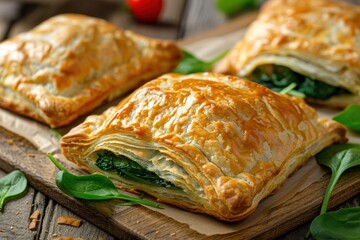 Wall Mural - Close up of tasty spinach puff pastry on table