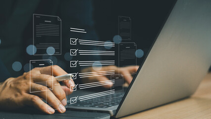 Survey form concept. Filling survey form online, Questionnaire with checkboxes, answer questions of test. Education futuristic technology and learning concept.