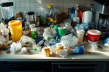 A cluttered kitchen counter is covered with single-use coffee cups, plastic wrappers, and empty food containers, emphasizing the impact of consumer waste in daily life